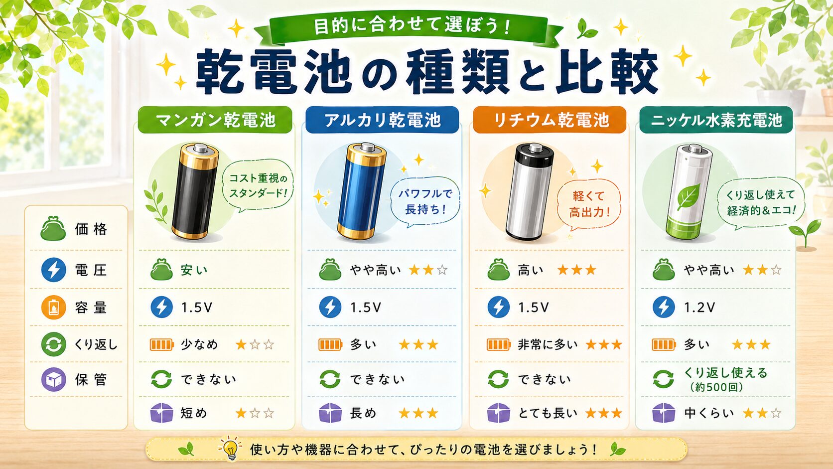 マンガン・アルカリ・リチウム・ニッケル水素を横並びにし、それぞれに価格、電圧、容量、くり返し、保管のラベルを付けた比較図。実在ブランドロゴなし。