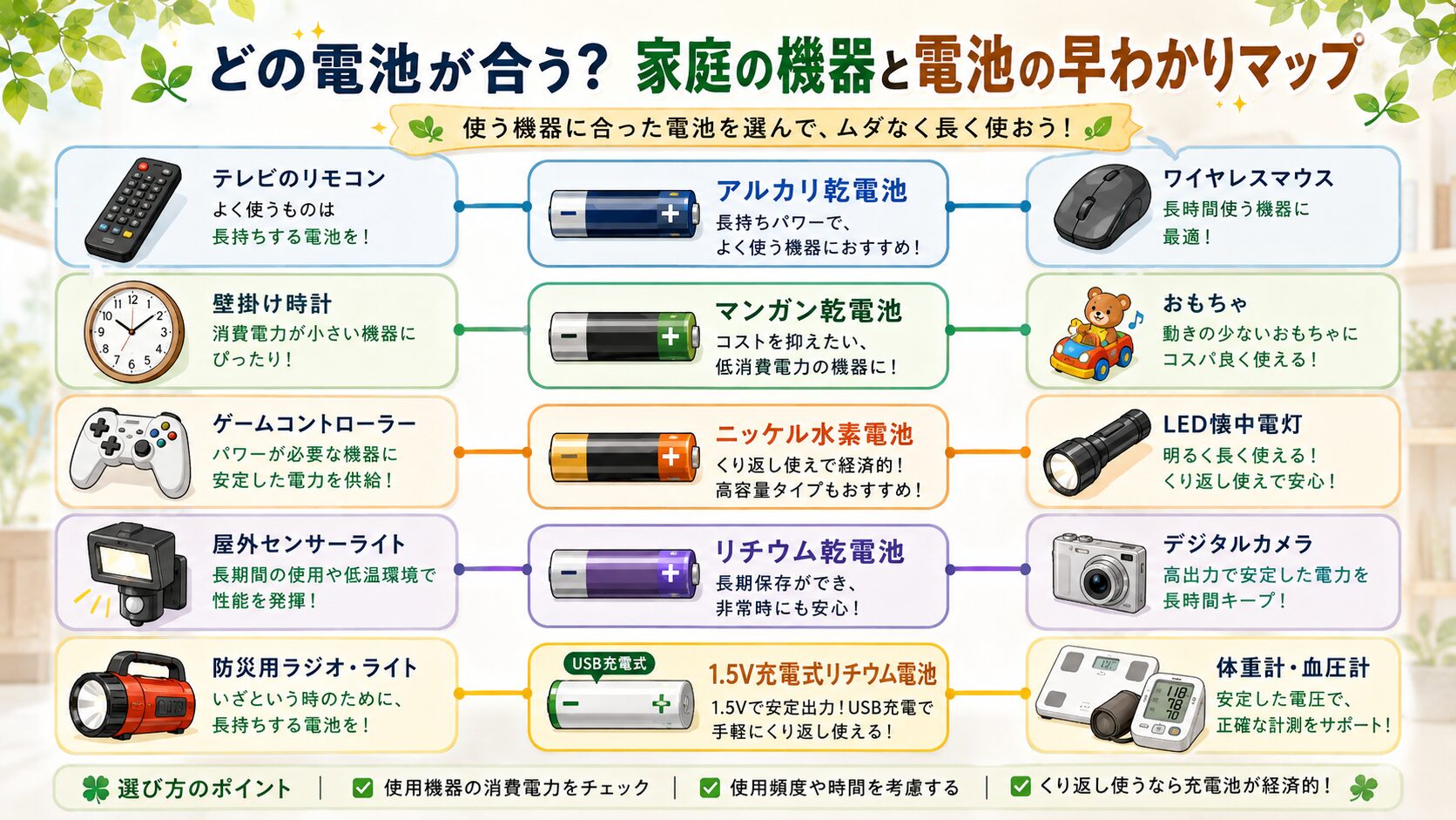 リモコン・時計・おもちゃ・ゲーム機・LEDライト・防災用ライトを並べ、それぞれに合う電池タイプを線でつなぐ図。実在ブランドロゴなし。