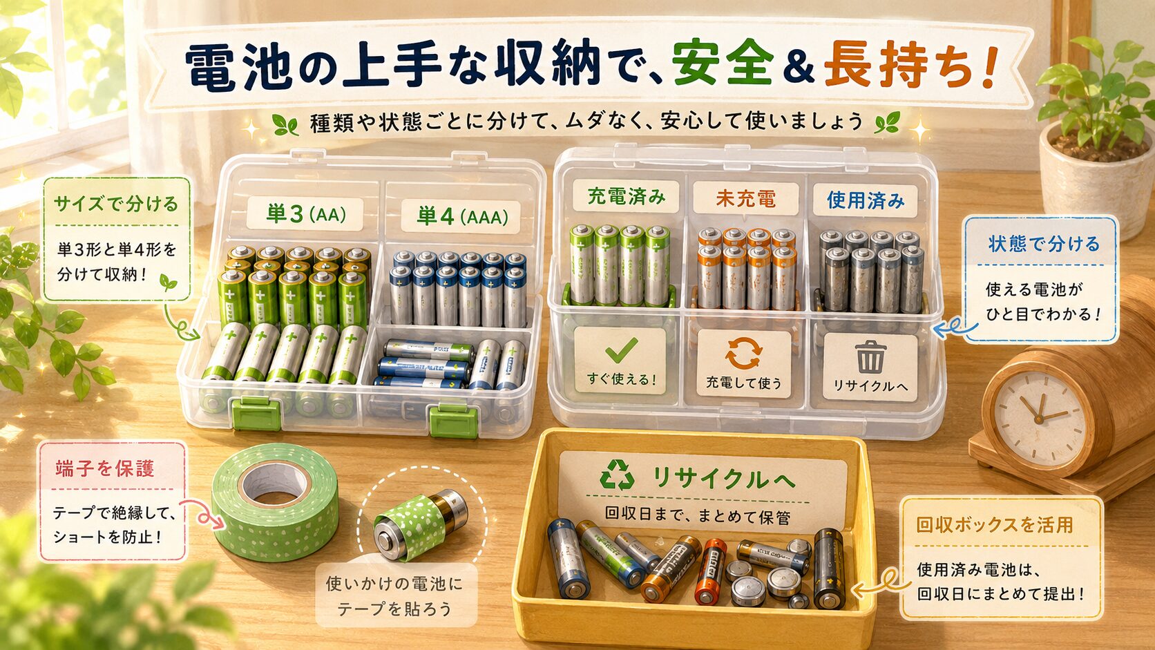 収納ケースに単3・単4・充電済み・未充電・使用済みが分けられている。横に小さなテープと、回収前の保管箱。実在ブランドロゴなし。
