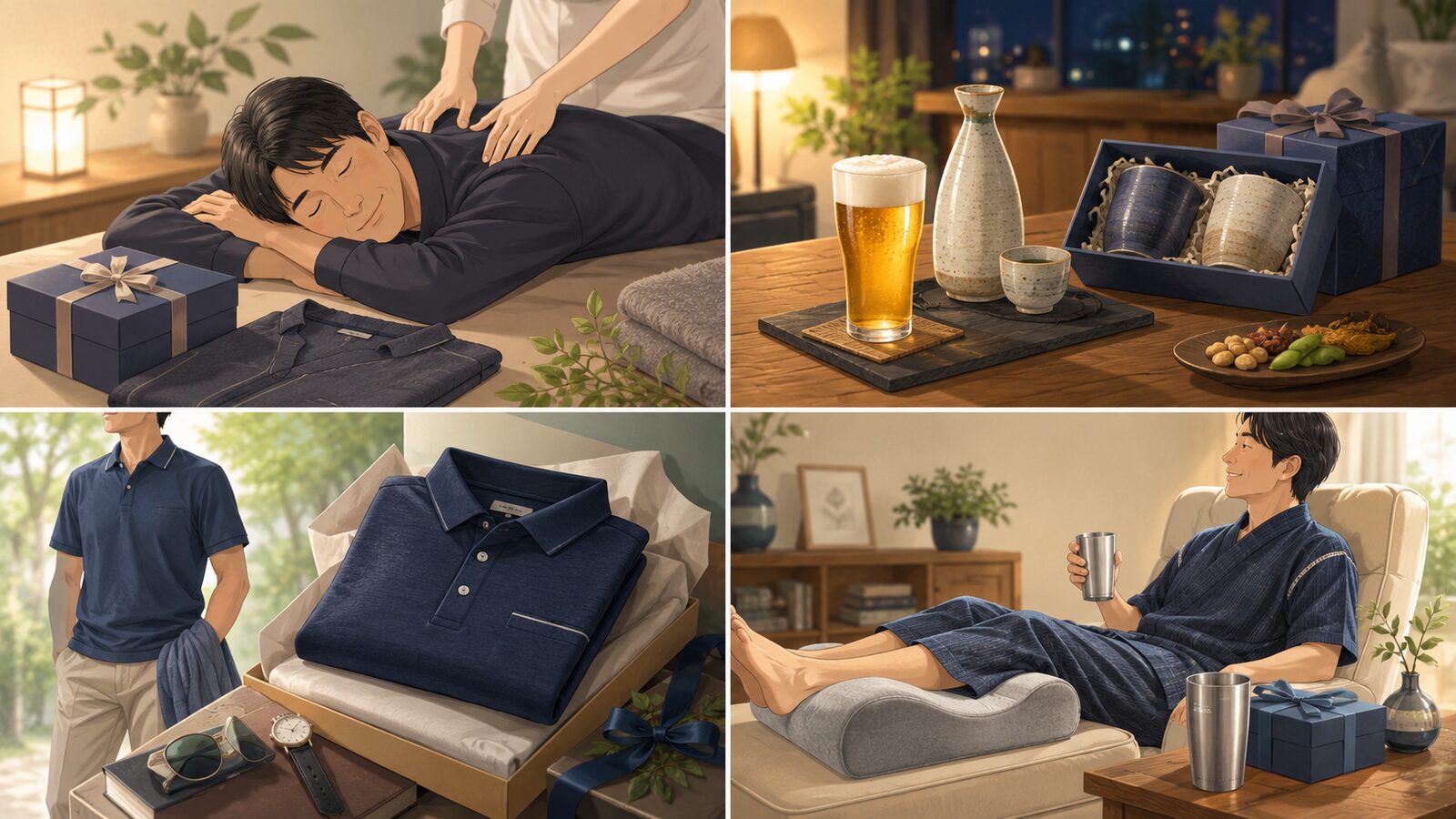 父の日ギフトを休養・お酒・服・実用に分けた図解
