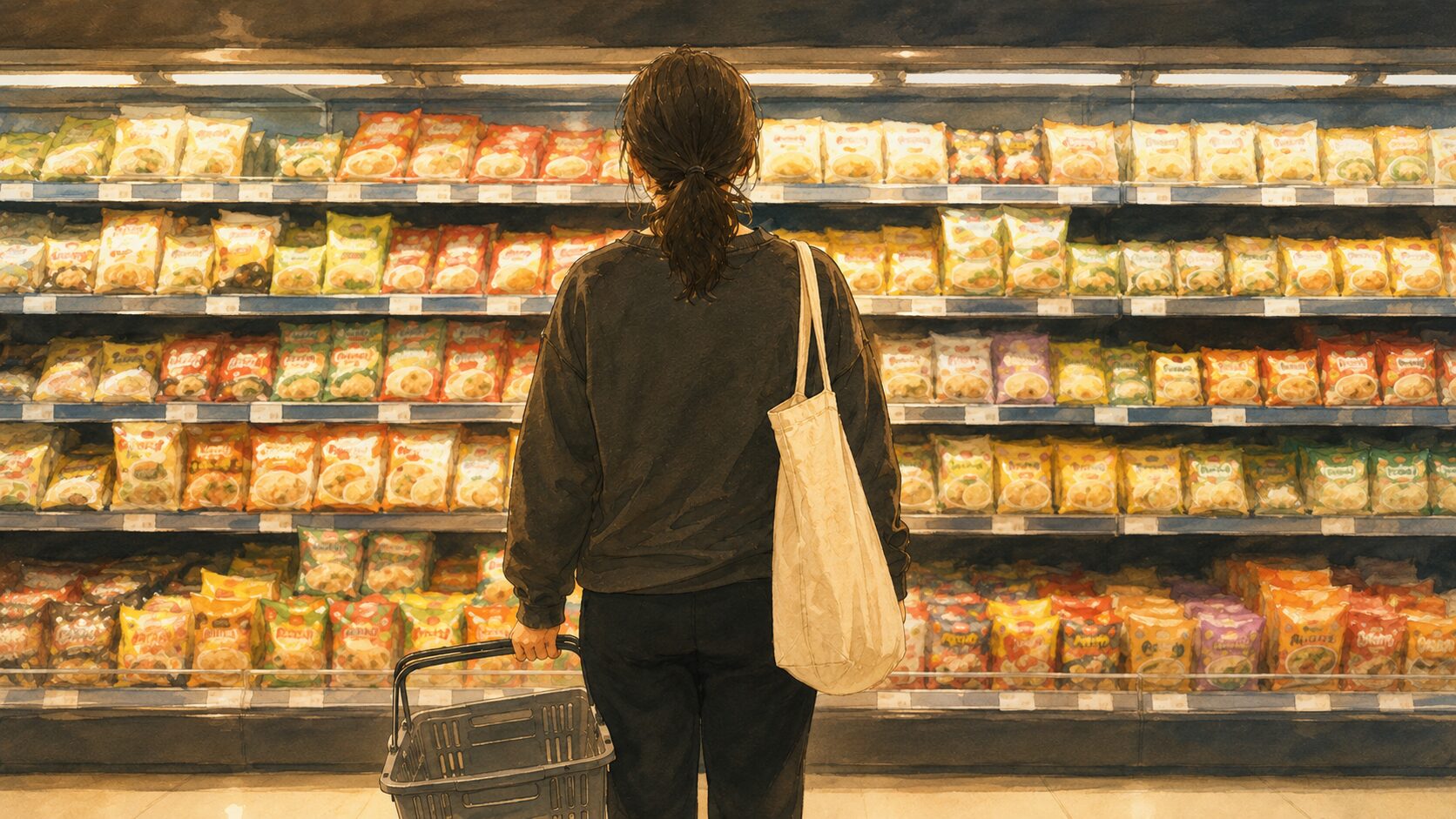 夜のスーパー、袋麺の棚の前で立ち止まる人の後ろ姿