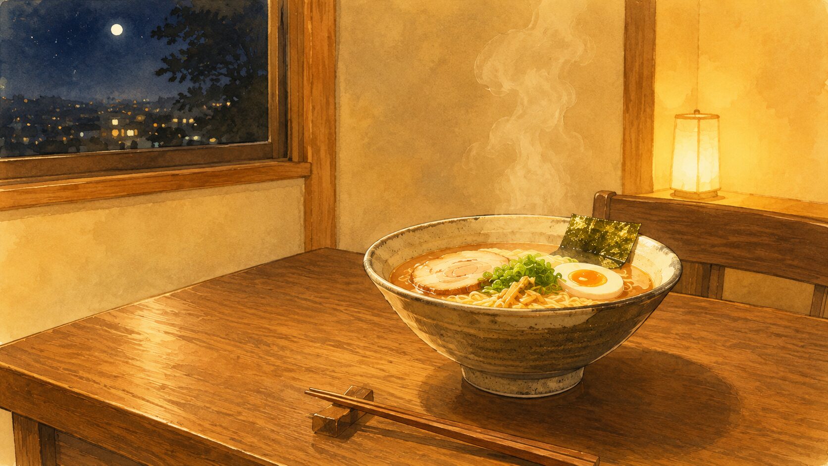 一人の静かな食卓に、一杯のラーメンだけが置かれている
