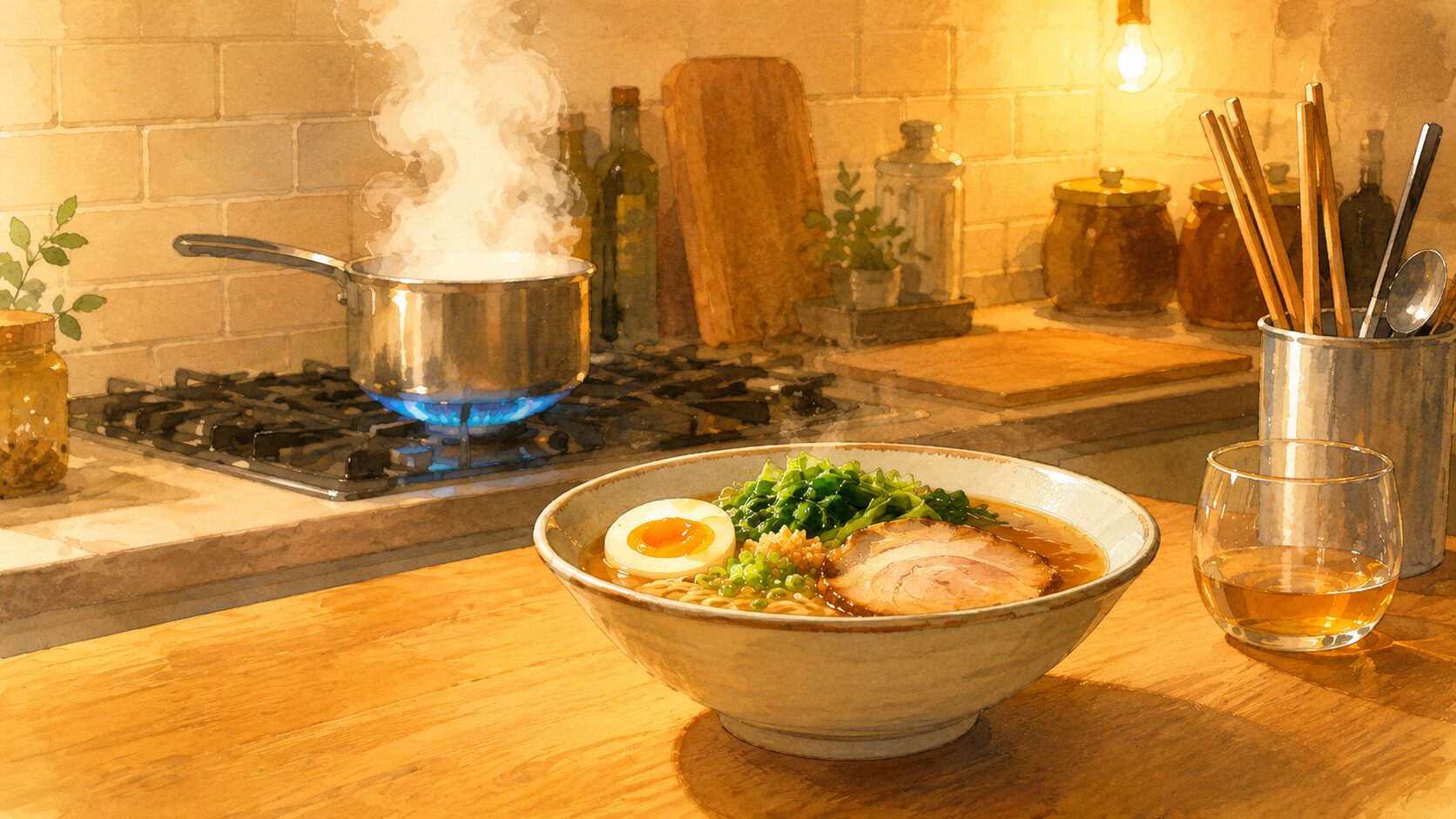 夜の台所、鍋から立つ湯気と、丼に盛られたラーメン